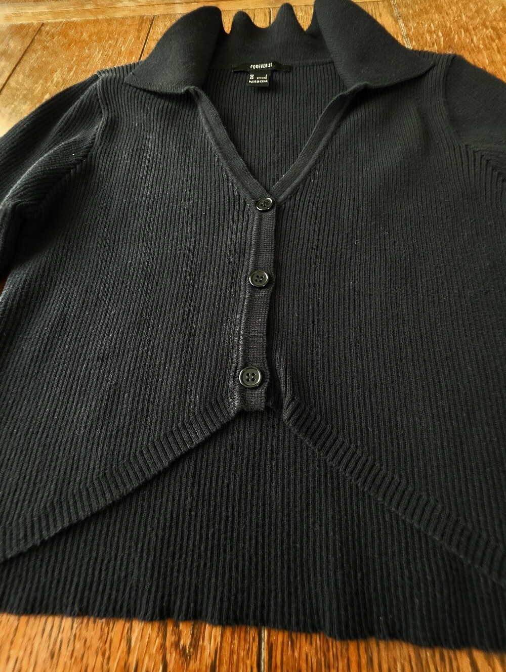 Forever 21 Black Ribbed Knit Button-Front Polo Cardigan Top